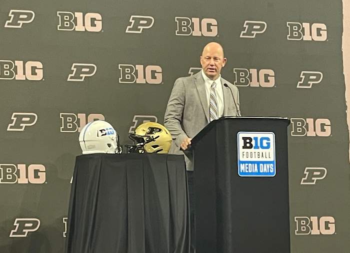 Purdue head coach Jeff Brohm speaks at Big Ten Football Media Days.